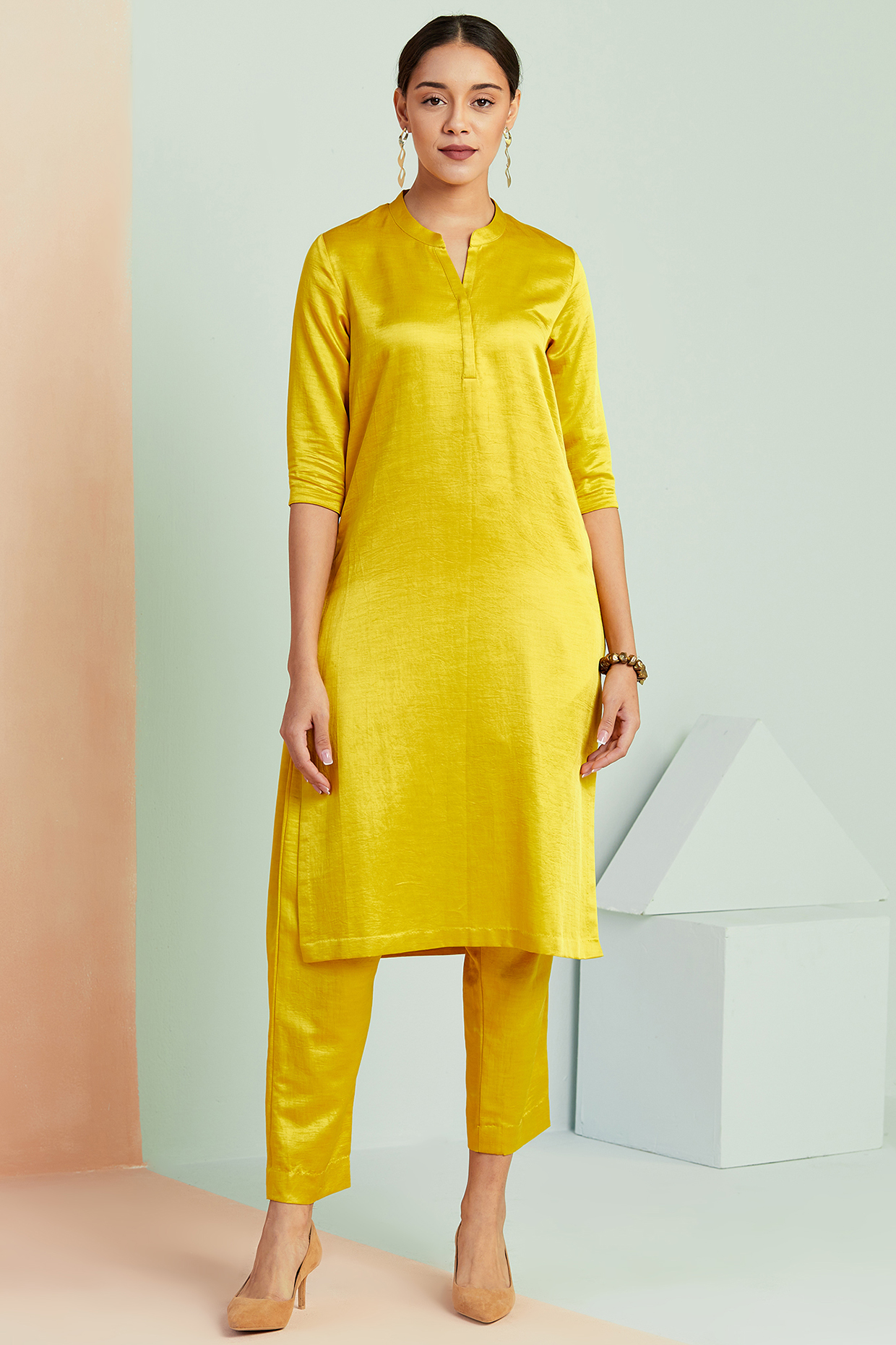 Mustard Linen Silk & Viscose Tunic Set by SEVENDC at Pernia's Pop Up Shop