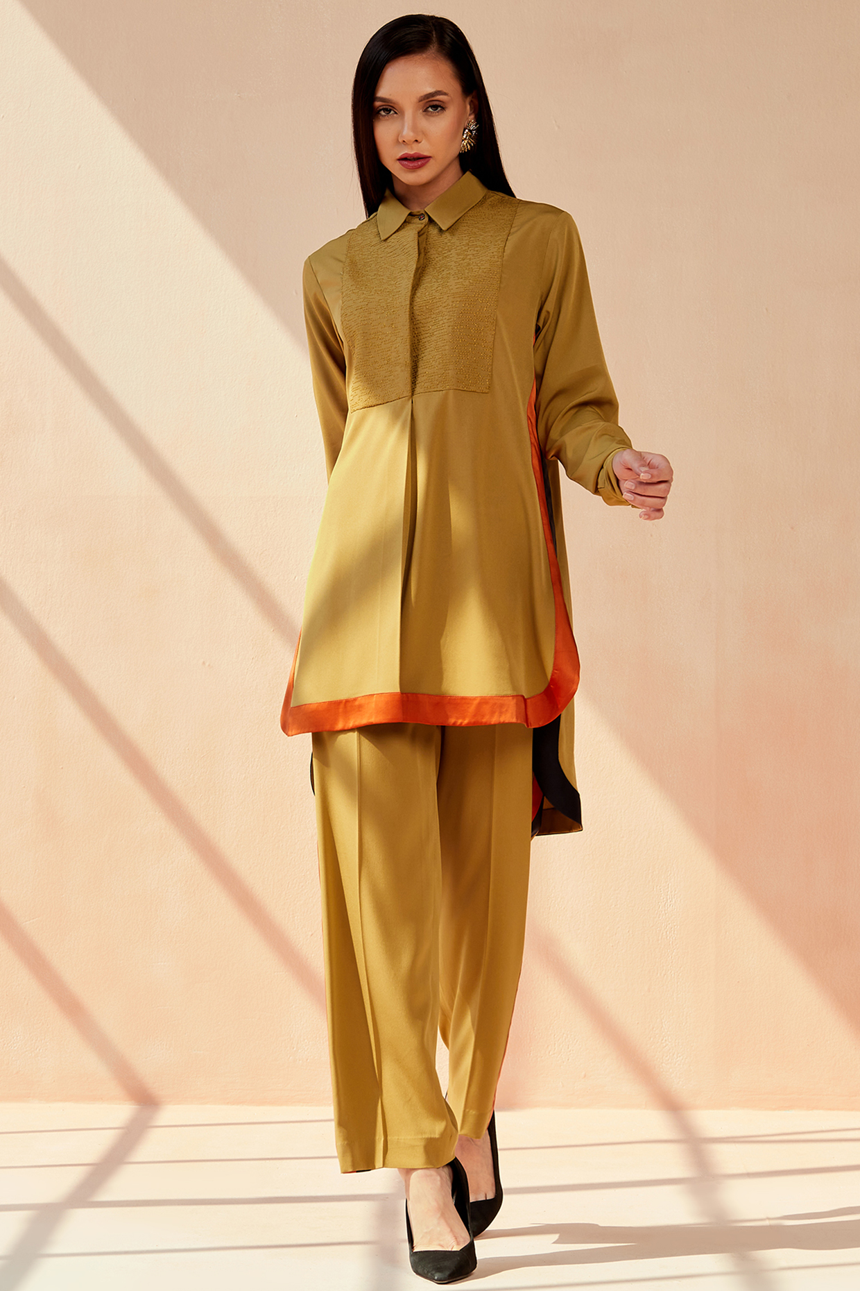 Khaki Crepe Blend Co-Ord Set by SEVENDC at Pernia's Pop Up Shop
