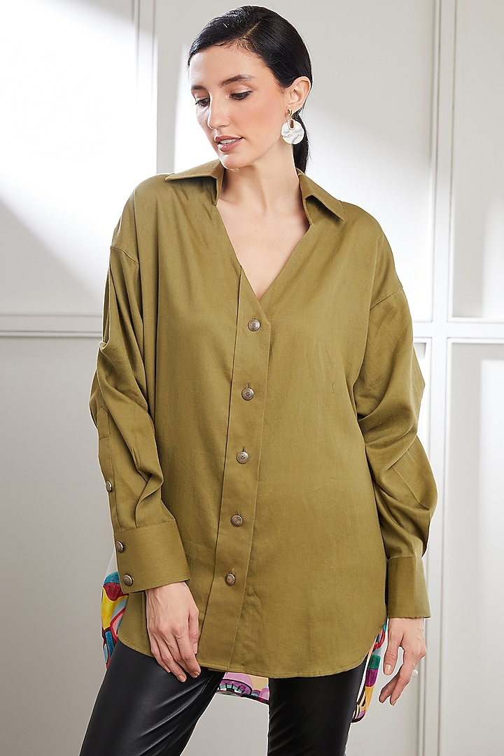 Olive Green Bemberg Satin Top by SEVENDC at Pernia's Pop Up Shop