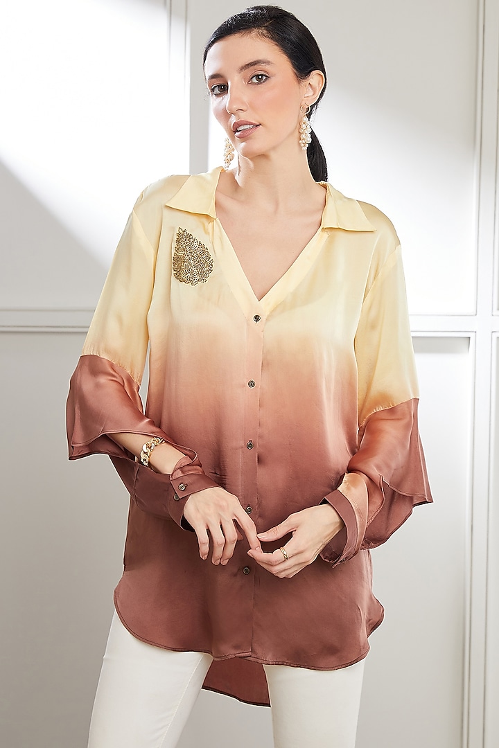Yellow & Burgundy Bemberg Satin Embroidered Top by SEVENDC