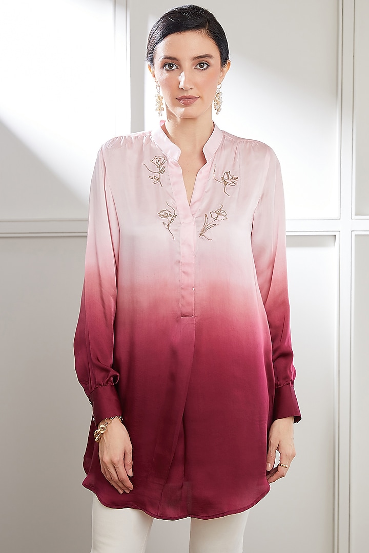 White & Fuchsia Pink Ombre Bemberg Satin Top by SEVENDC