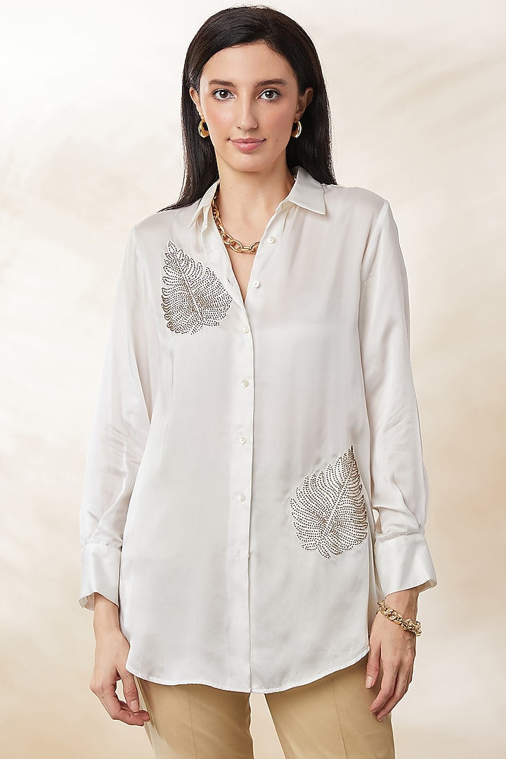 White Bemberg Satin Embroidered Shirt by SEVENDC