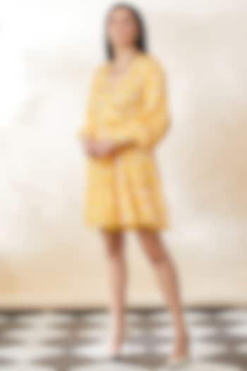 Yellow Modal Satin Printed Mini Dress by SEVENDC