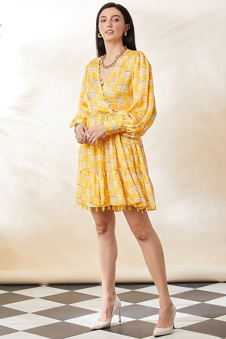 Yellow Modal Satin Printed Mini Dress by SEVENDC