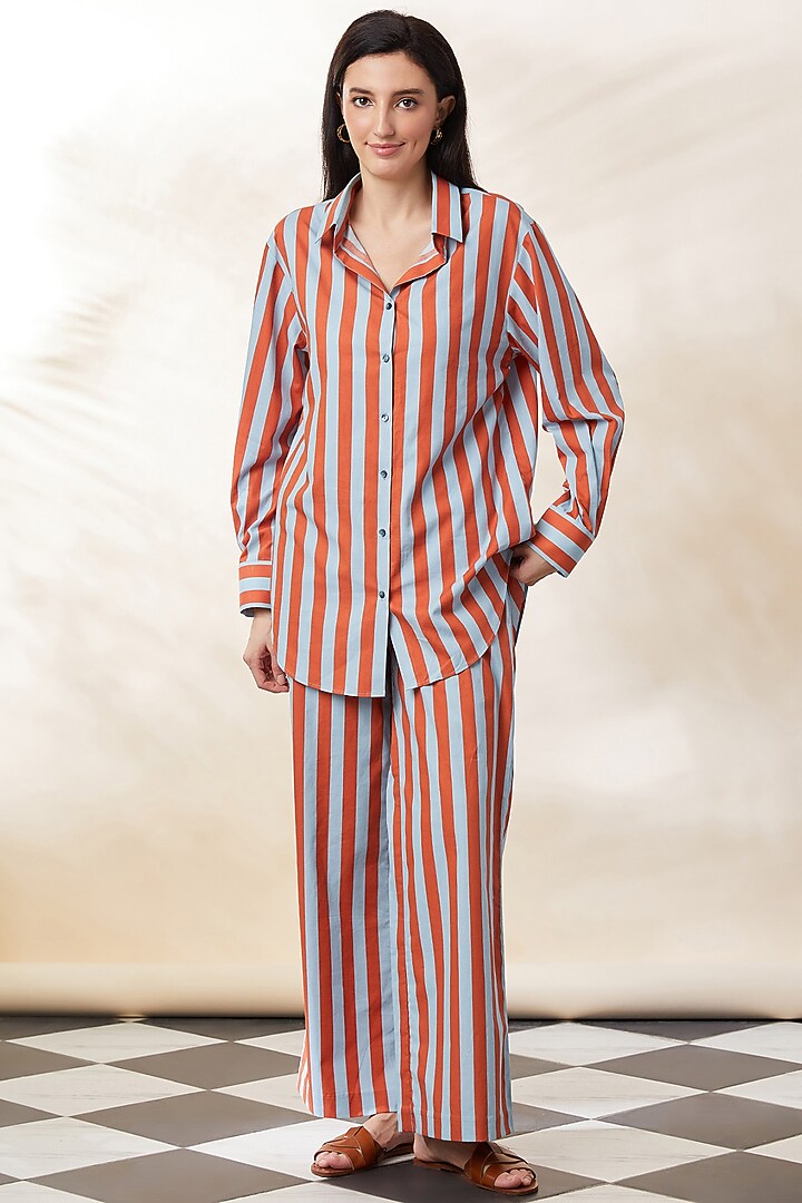 Blue & Orange Cotton Striped Co-Ord Set by SEVENDC at Pernia's Pop Up Shop