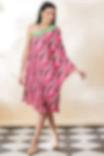 Pink Bemberg Satin Printed Off-Shoulder Dress by SEVENDC