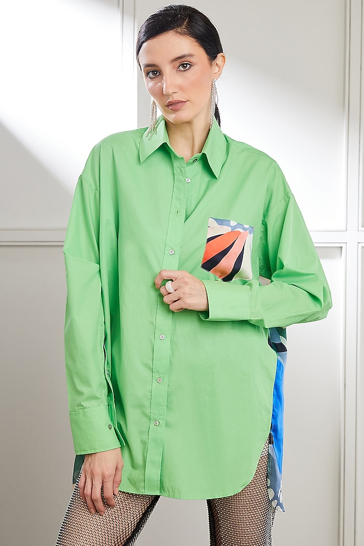 Green Bemberg Satin & Cotton Digital Printed Shirt by SEVENDC