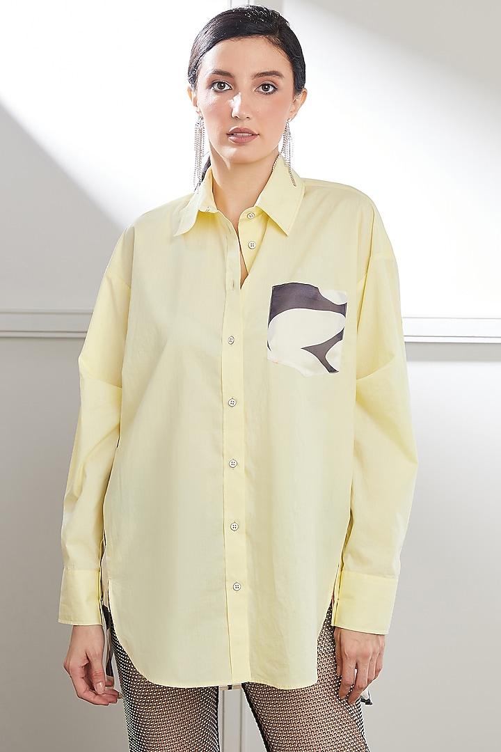 Yellow Bemberg Satin & Cotton Digital Printed Shirt by SEVENDC