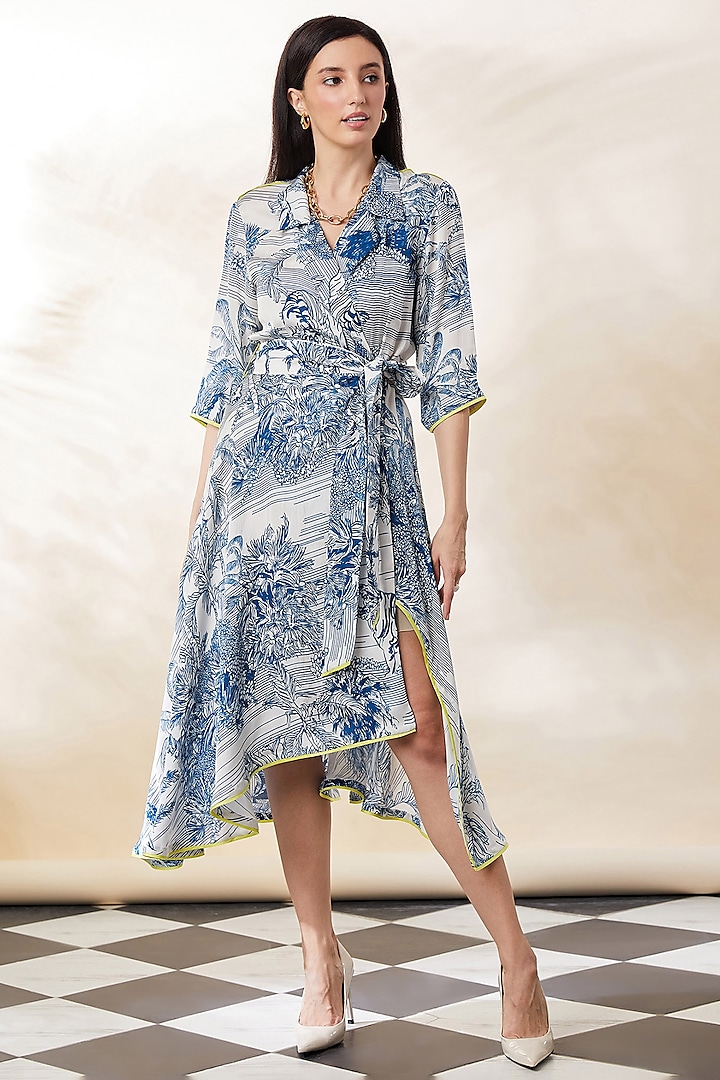 Blue & White Cotton Digital Printed Dress by SEVENDC