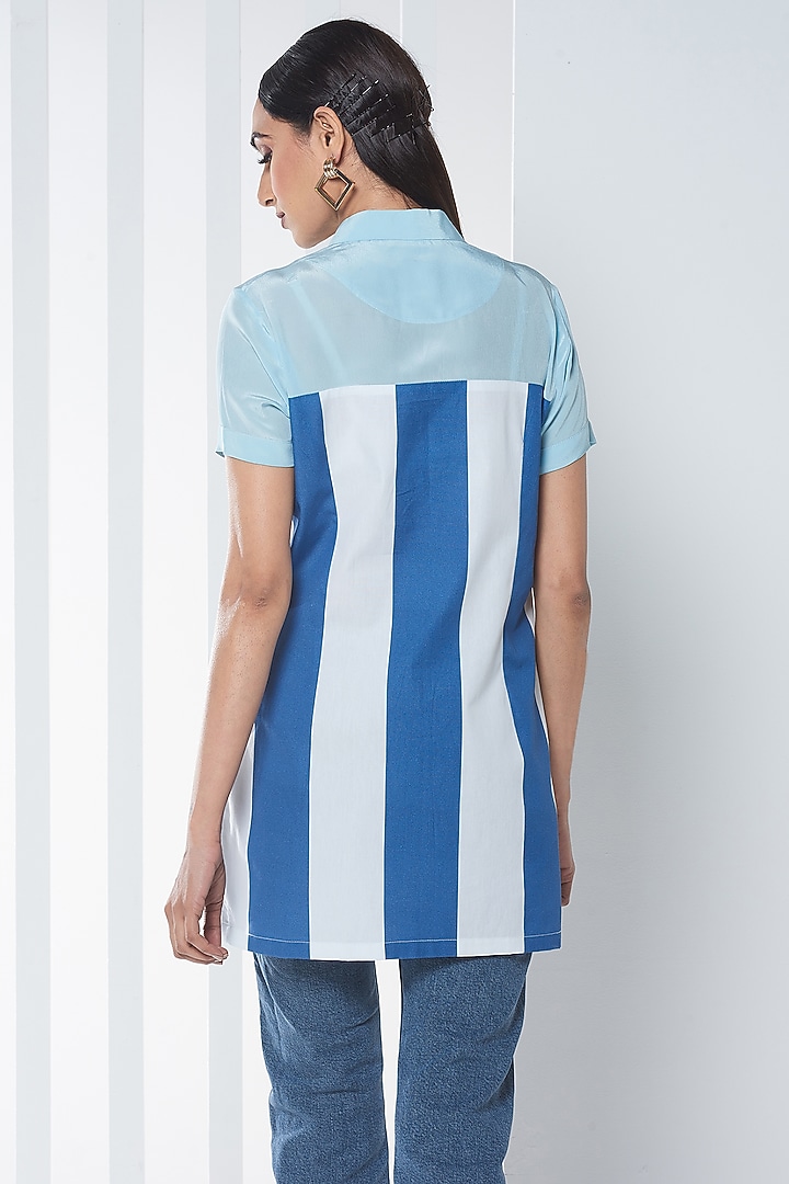 White & Blue Cotton Satin Printed Shirt by SEVENDC at Pernia's Pop Up Shop