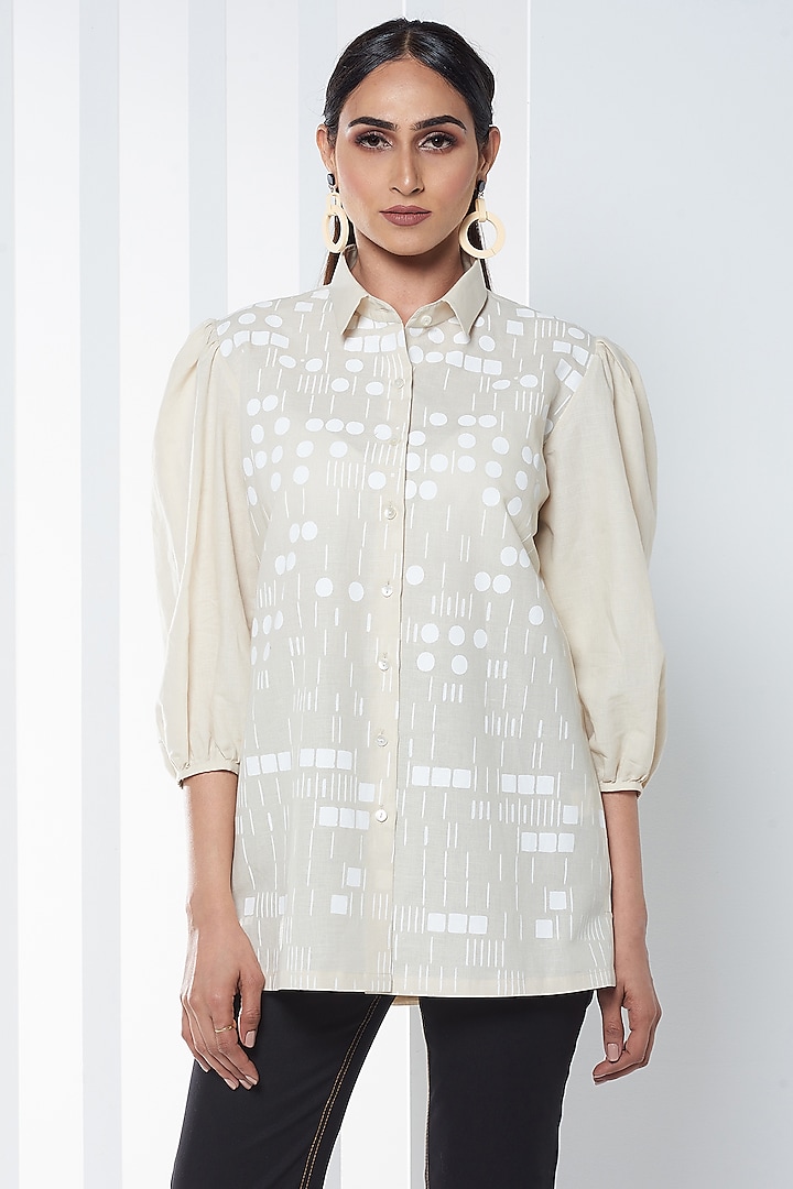 White Cotton Linen Printed Shirt by SEVENDC