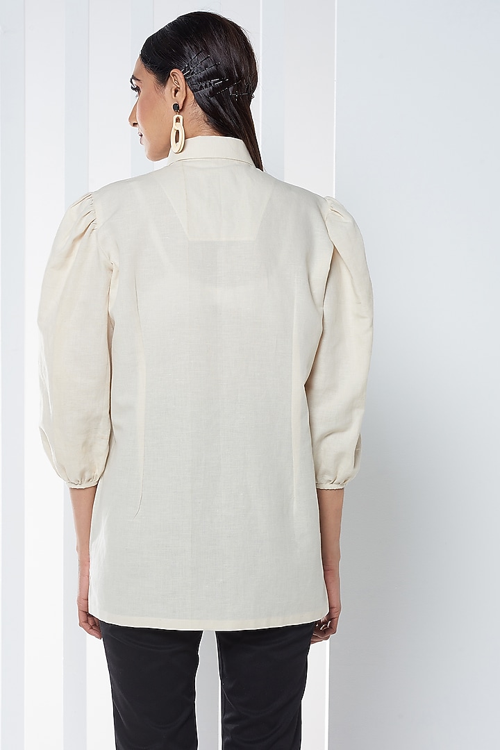 White Cotton Linen Printed Shirt by SEVENDC at Pernia's Pop Up Shop