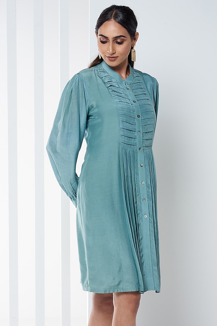 Teal Cotton Silk Shirt Dress by SEVENDC