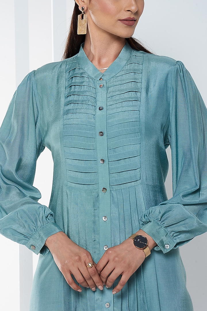 Teal Cotton Silk Summer Shirt Dress by SEVENDC at Pernia's Pop Up Shop
