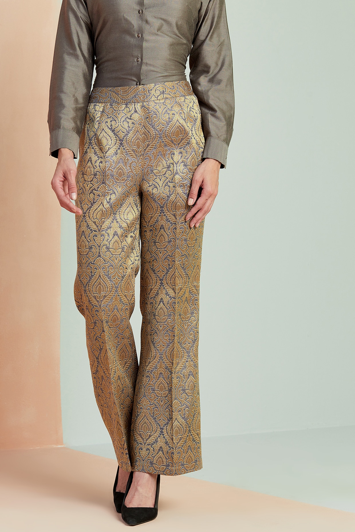 Buy NICE WONDER Women's Regular Fit Silk Gold Border Pants/Trousers Present  (28, Golden) at Amazon.in