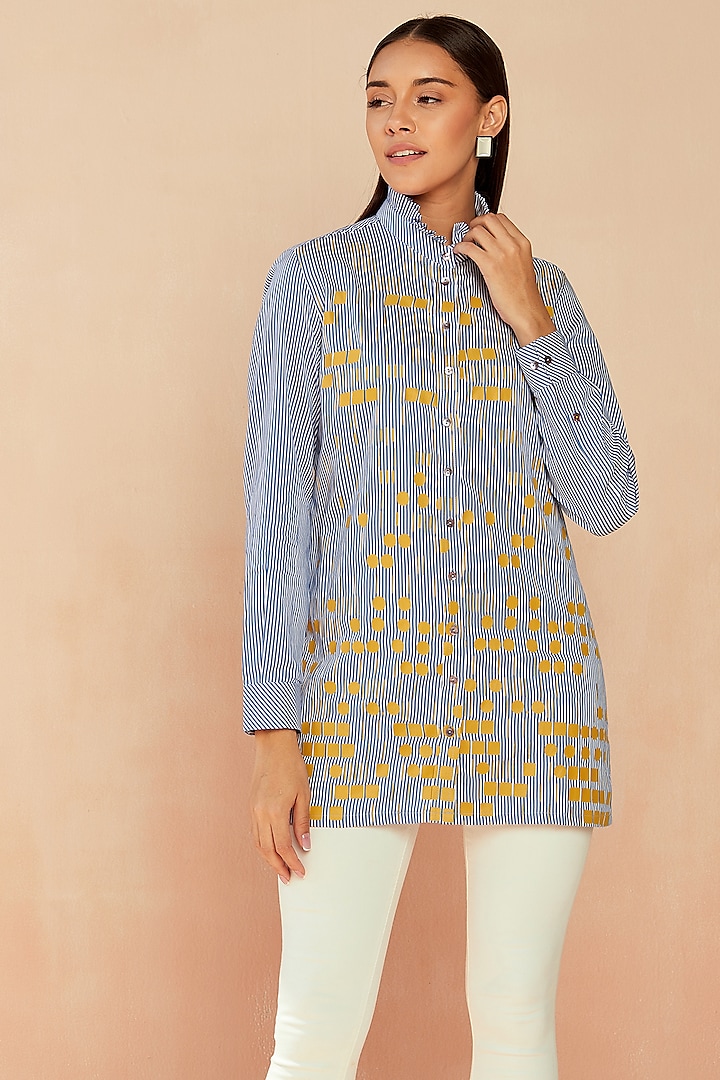 White & Blue Cotton Printed Shirt by SEVENDC at Pernia's Pop Up Shop