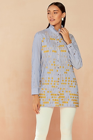 White & Blue Cotton Printed Shirt by SEVENDC