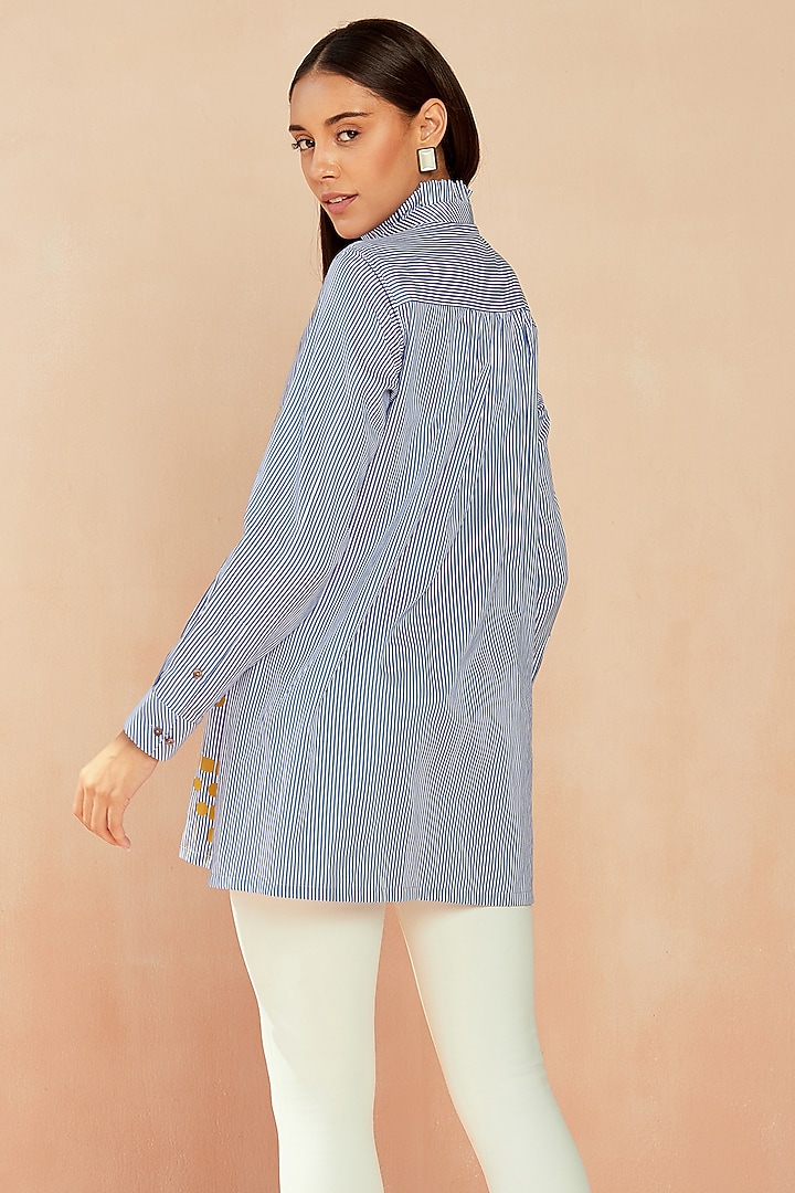 White & Blue Cotton Printed Shirt by SEVENDC at Pernia's Pop Up Shop