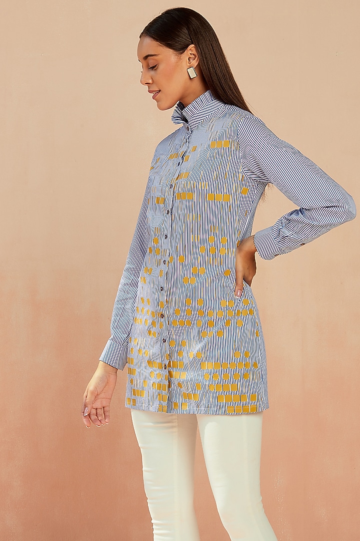 White & Blue Cotton Printed Shirt by SEVENDC at Pernia's Pop Up Shop