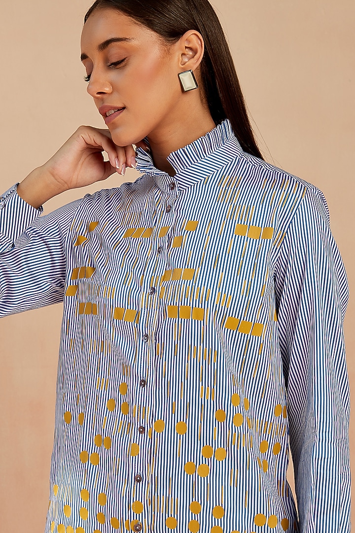 White & Blue Cotton Printed Shirt by SEVENDC at Pernia's Pop Up Shop