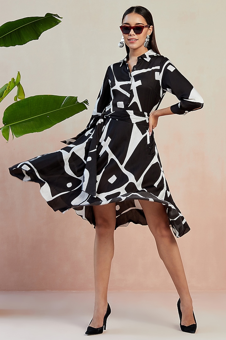 Black & White Modal Satin Digital Printed Dress by SEVENDC