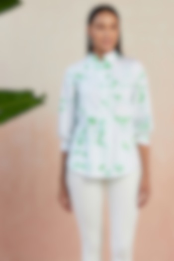 White & Green Cotton Satin Tie-Dyed Shirt by SEVENDC