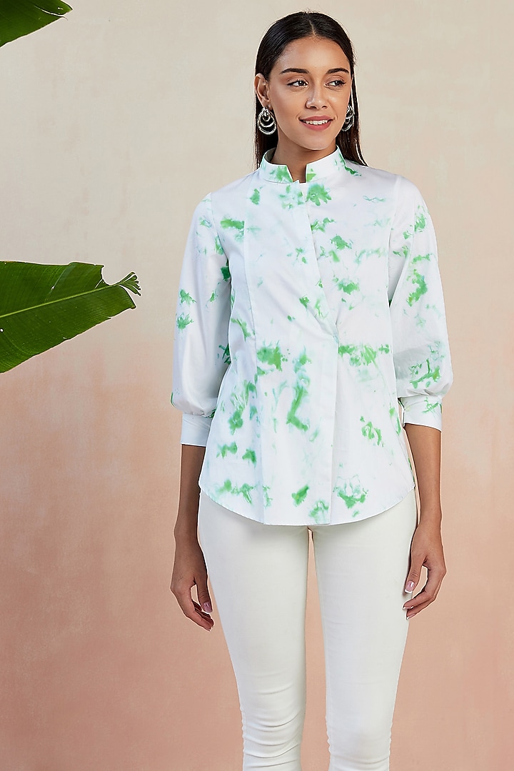White & Green Cotton Satin Tie-Dyed Shirt by SEVENDC