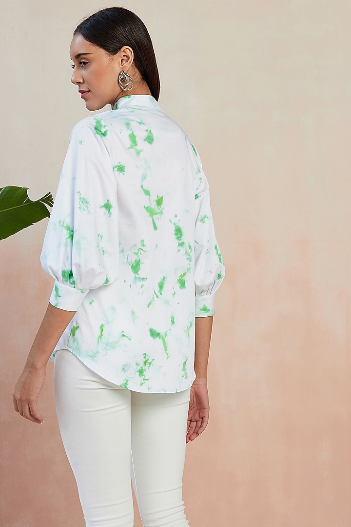 White & Green Cotton Satin Tie-Dyed Shirt by SEVENDC at Pernia's Pop Up Shop