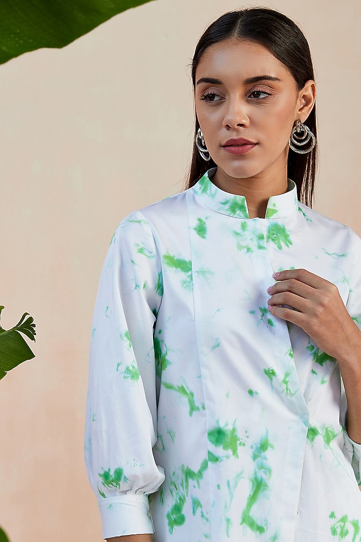 White & Green Cotton Satin Tie-Dyed Shirt by SEVENDC at Pernia's Pop Up Shop