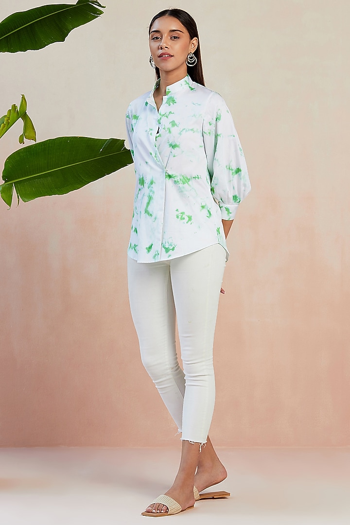 White & Green Cotton Satin Tie-Dyed Shirt by SEVENDC at Pernia's Pop Up Shop
