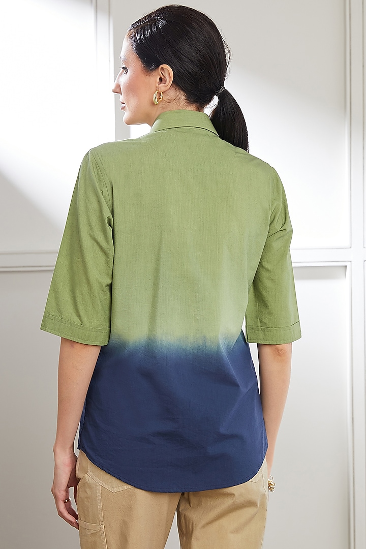 Olive Green & Navy Blue Cotton Satin Tie-Dyed Shirt by SEVENDC at Pernia's Pop Up Shop
