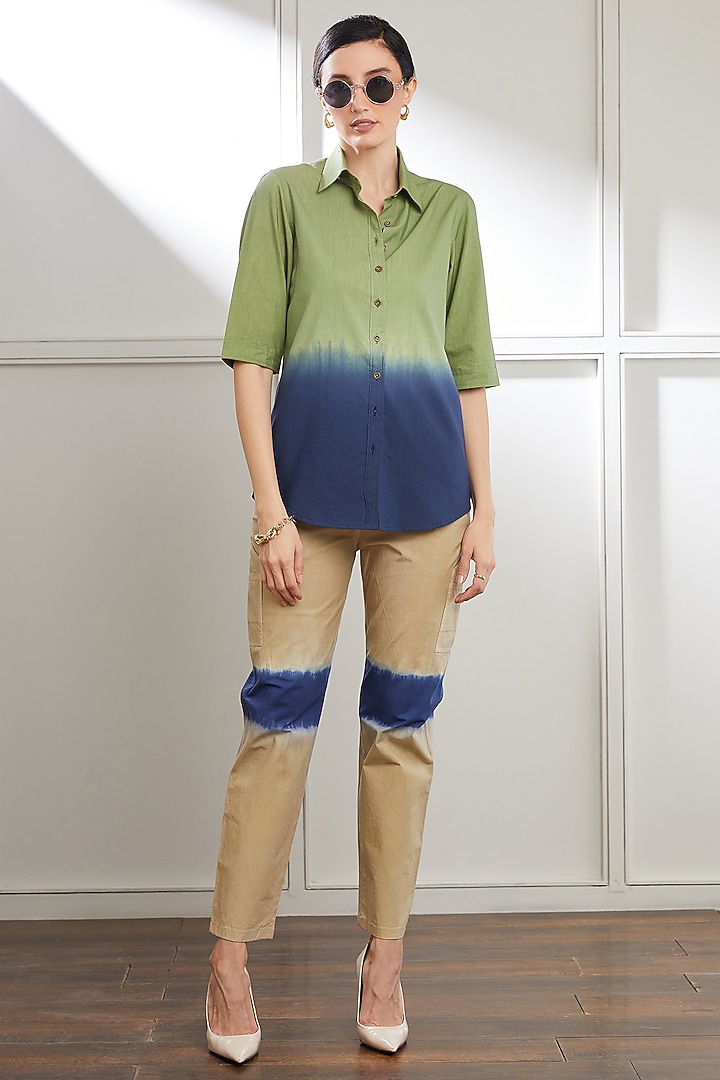 Olive Green & Navy Blue Cotton Satin Tie-Dyed Shirt by SEVENDC at Pernia's Pop Up Shop
