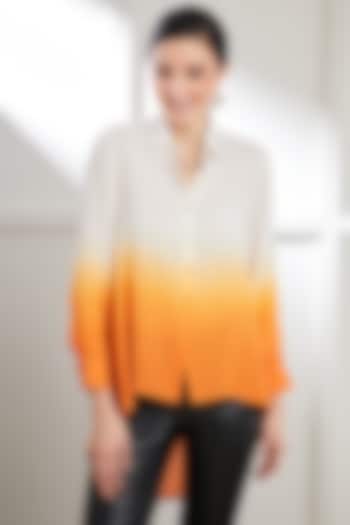 White & Orange Modal Satin Ombre Tie-Dyed Shirt by SEVENDC