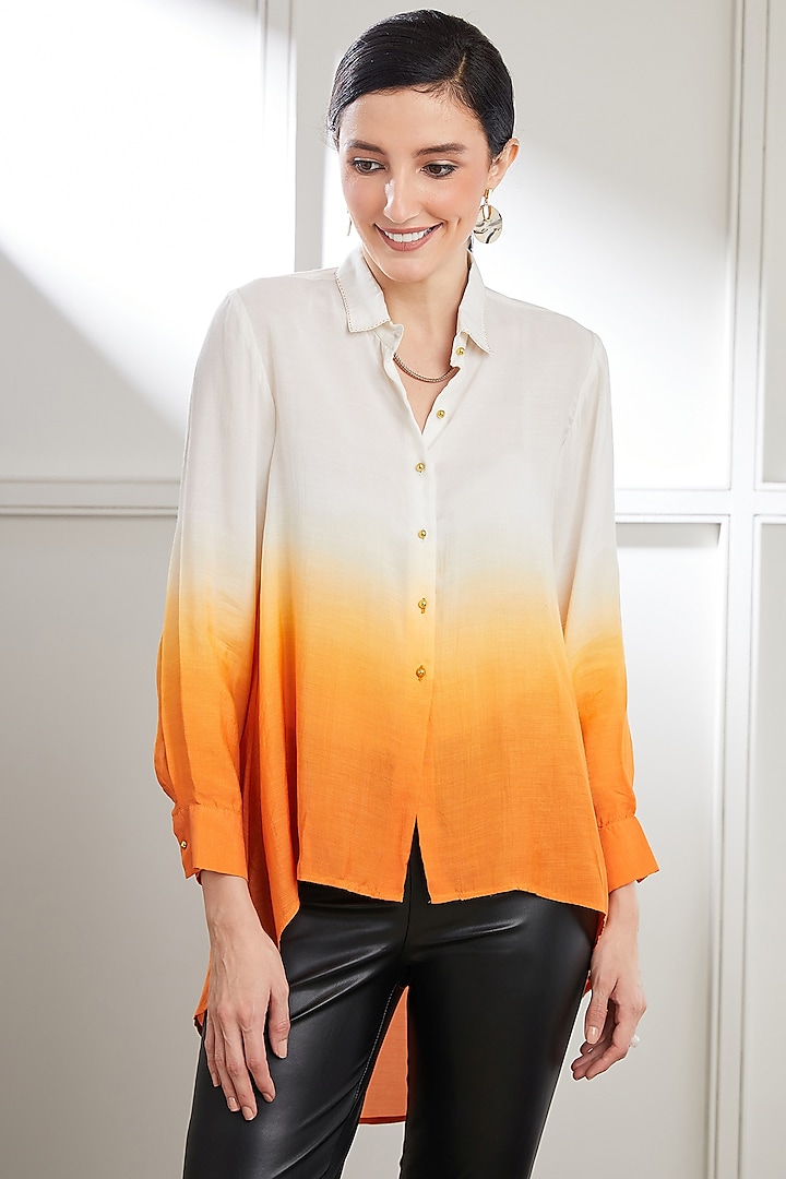 White & Orange Modal Satin Ombre Tie-Dyed Shirt by SEVENDC