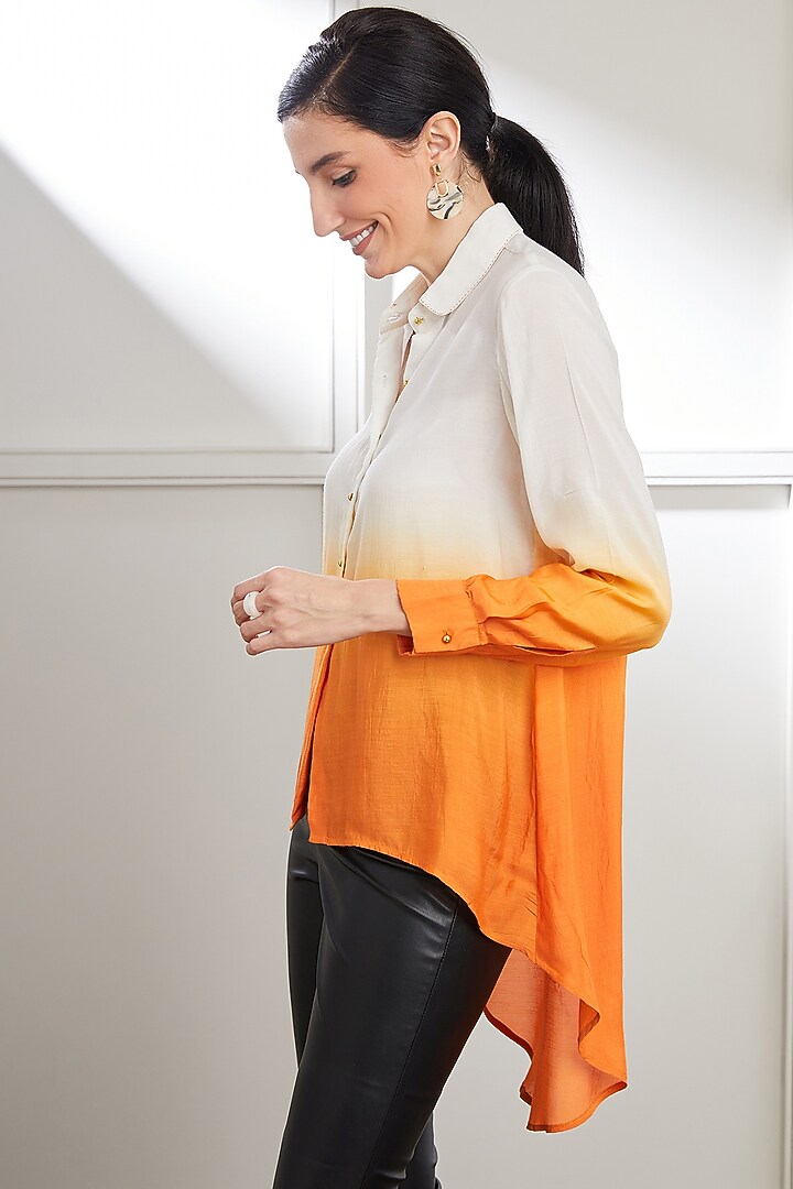 White & Orange Modal Satin Ombre Tie-Dyed Shirt by SEVENDC at Pernia's Pop Up Shop