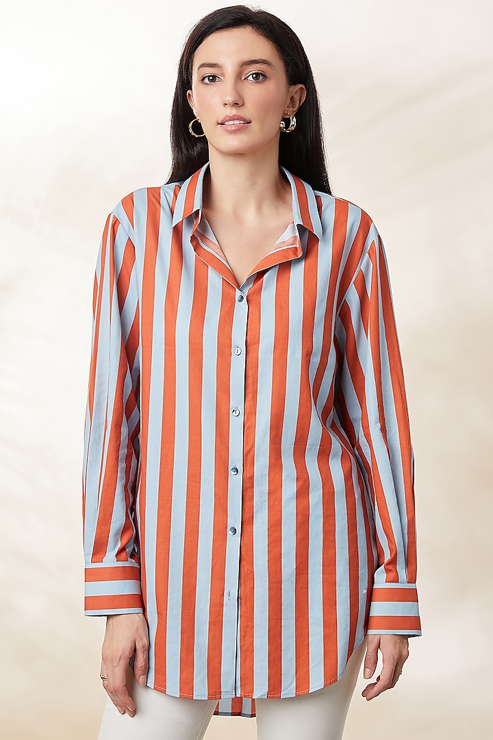 Blue & Orange Poplin Digital Printed Shirt by SEVENDC