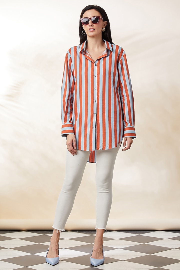 Blue & Orange Poplin Digital Printed Shirt by SEVENDC at Pernia's Pop Up Shop