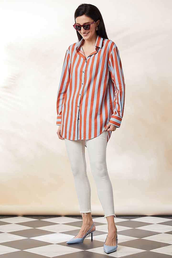 Blue & Orange Poplin Digital Printed Shirt by SEVENDC at Pernia's Pop Up Shop