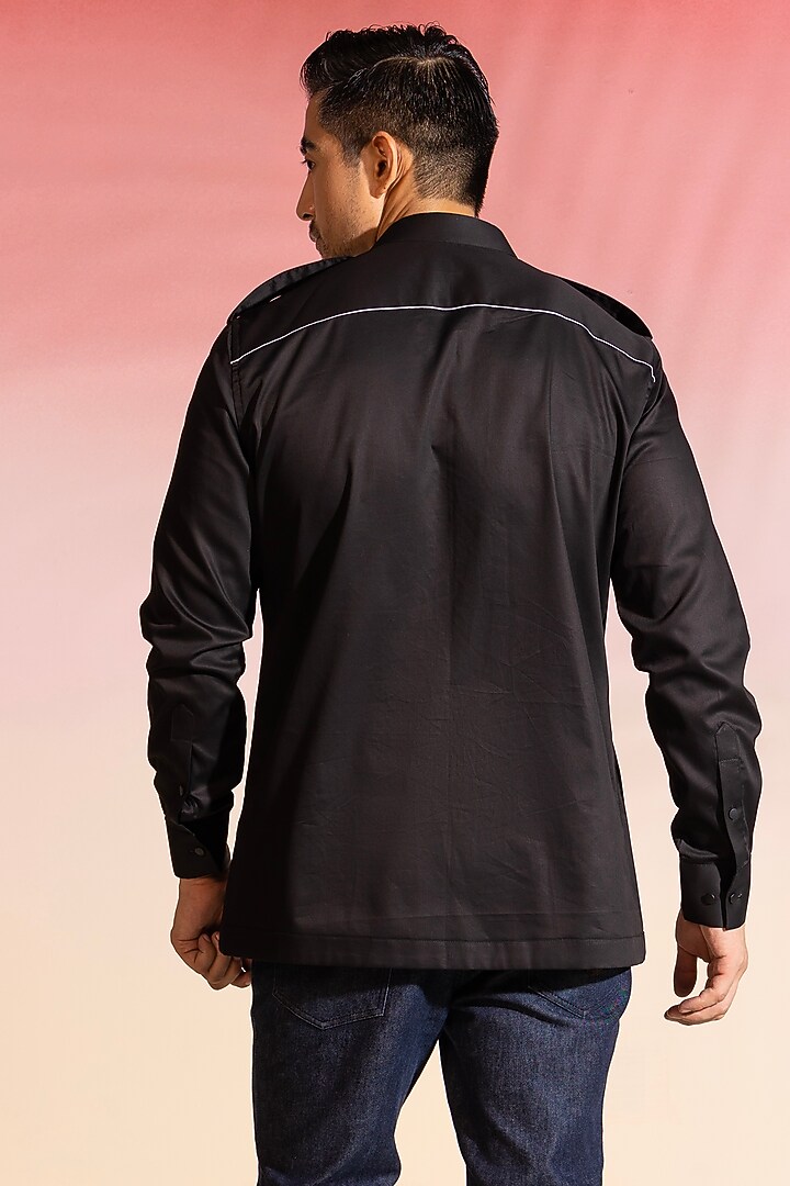 Black Cotton Satin Printed Party Wear Shirt by SEVENDC MEN at Pernia's Pop Up Shop