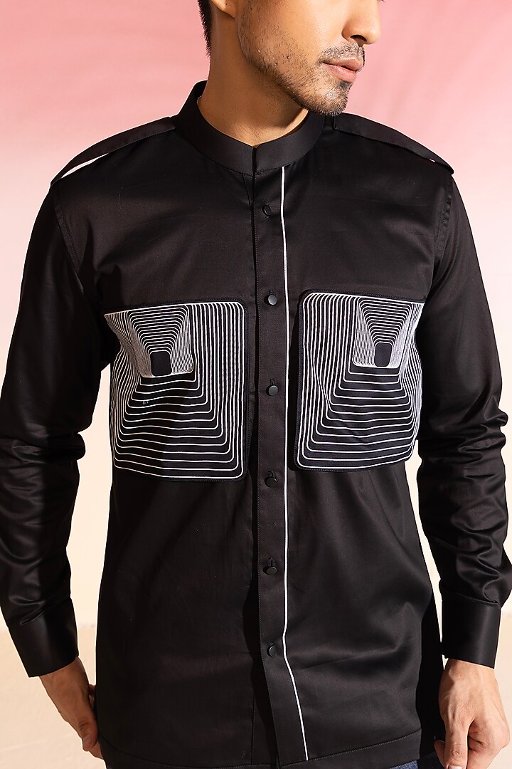 Black Cotton Satin Printed Party Wear Shirt by SEVENDC MEN at Pernia's Pop Up Shop