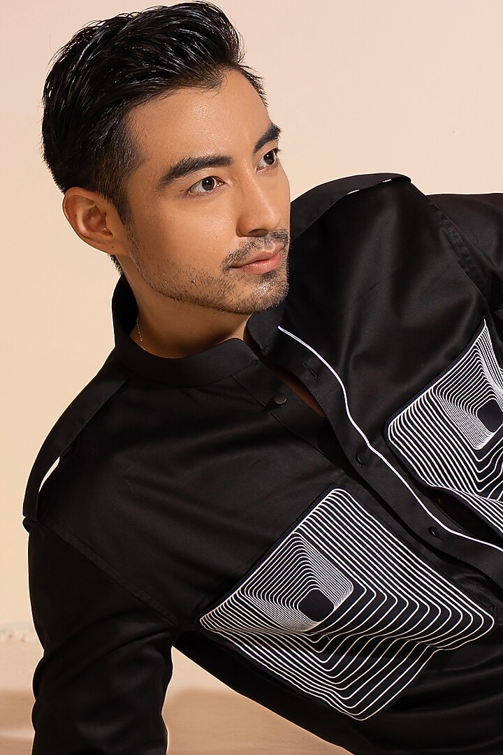Black Cotton Satin Printed Party Wear Shirt by SEVENDC MEN at Pernia's Pop Up Shop