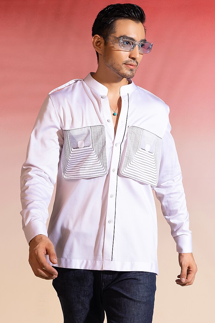 White Cotton Satin Printed Party Wear Shirt by SEVENDC MEN at Pernia's Pop Up Shop