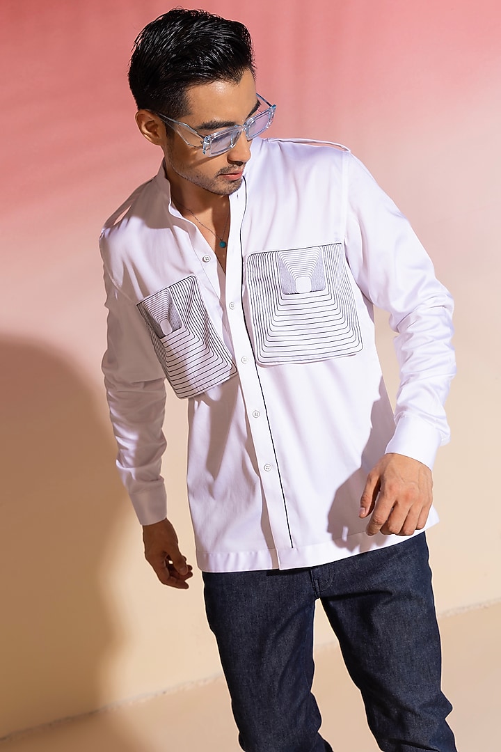 White Cotton Satin Printed Party Wear Shirt by SEVENDC MEN at Pernia's Pop Up Shop