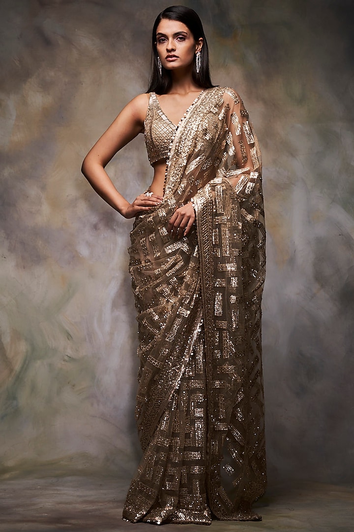 Gold Embroidered Saree Set by Seema Gujral