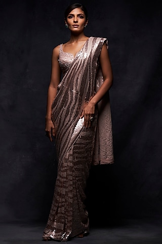 Nude Georgette Sequins Embroidered Saree Set by Seema Gujral