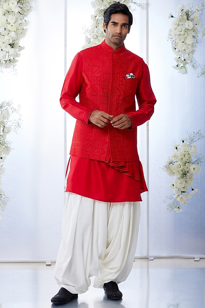 Deep Red Silk Nehru Jacket With Kurta Set by Seema Gujral Men at Pernia's Pop Up Shop