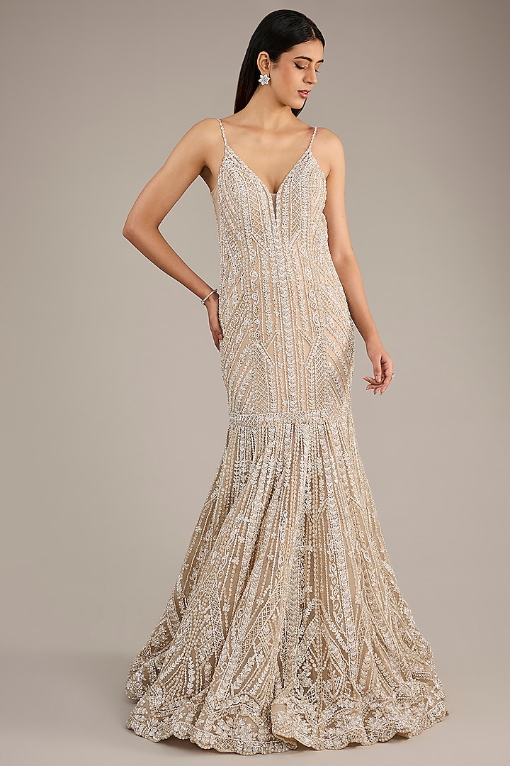 Champagne Net Sequins & Pearl Embroidered Gown  by Seema Gujral at Pernia's Pop Up Shop