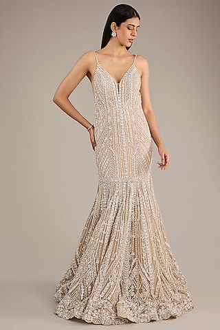 Champagne Net Sequins & Pearl Embroidered Gown  by Seema Gujral