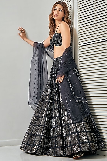 Black Silk Crystal Embroidered Bridal Lehenga Set by Seema Gujral at Pernia's Pop Up Shop