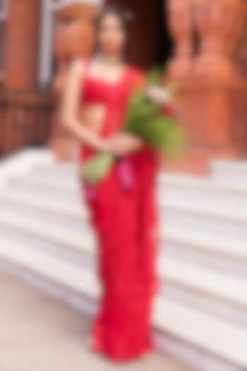 Red Net Thread & Sequin Embroidered Bridal Saree Set by Seema Gujral at Pernia's Pop Up Shop